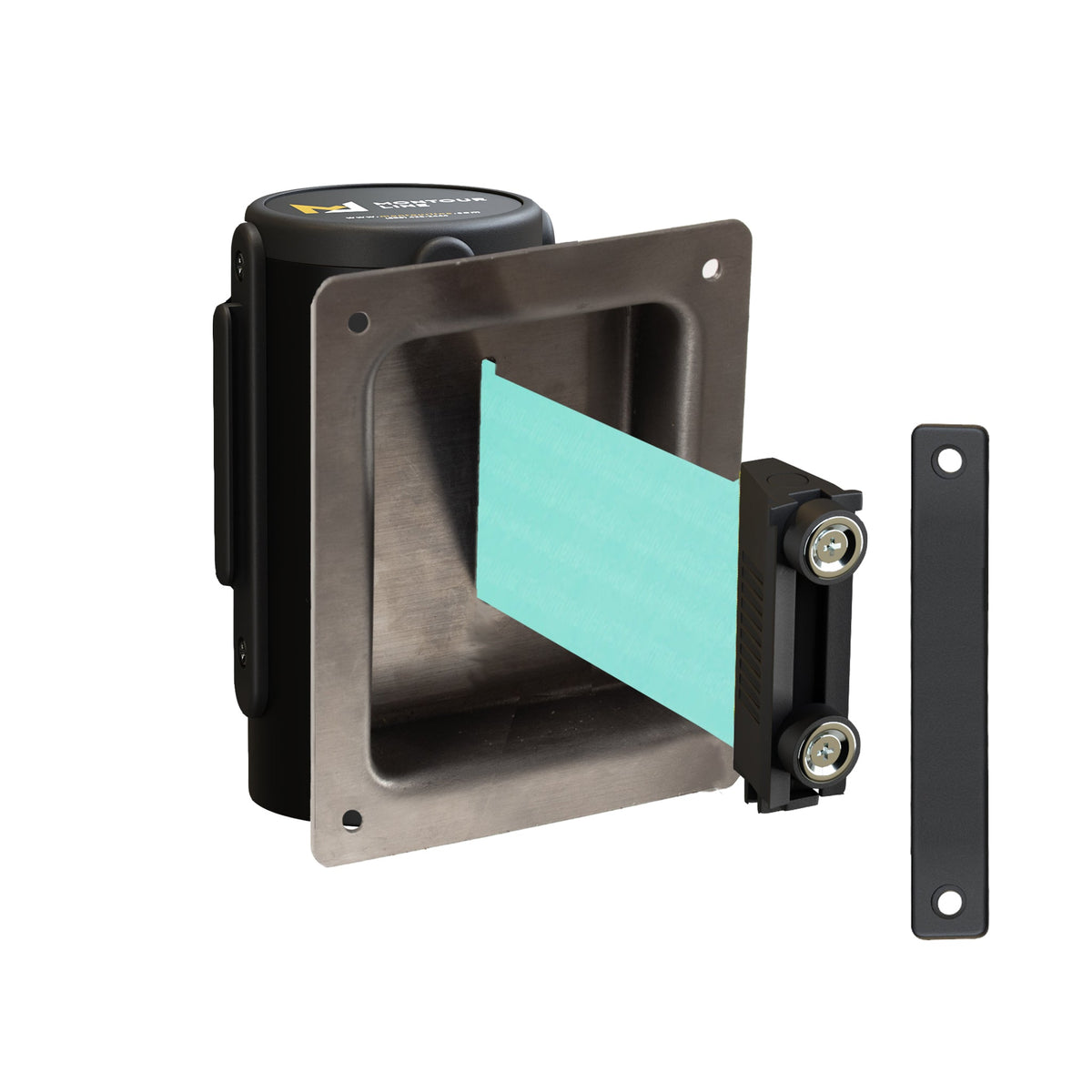 Wall Mounted Retractable Belt Barrier, Recessed Black Metal Case with Magnetic Belt End, 8.5 ft Belt - Montour Line WM115 - Crowd Control Warehouse