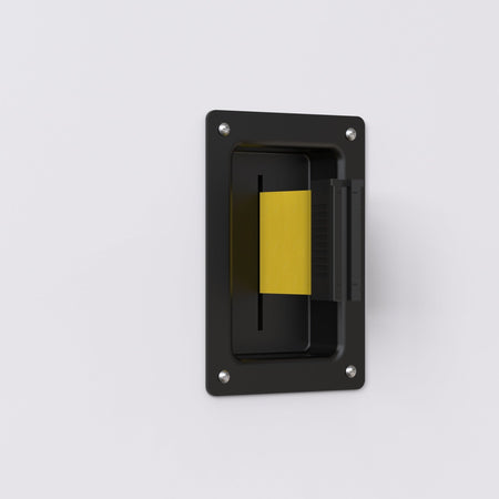 Wall Mounted Retractable Belt Barrier, Recessed Black Metal Case with Magnetic Belt End, 8.5 ft Belt - Montour Line WM115 - Crowd Control Warehouse