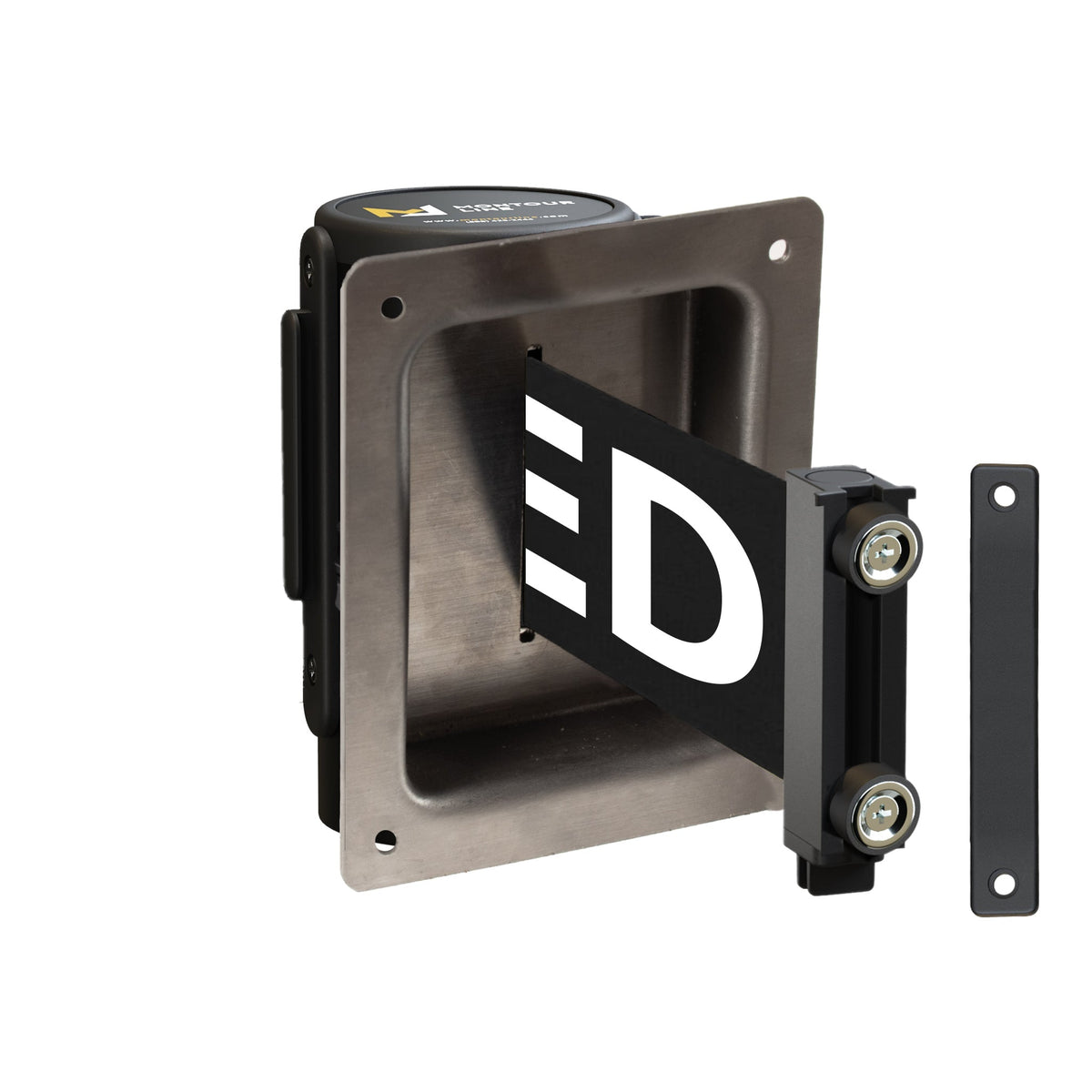 Wall Mounted Retractable Belt Barrier, Recessed Black Metal Case with Magnetic Belt End, 8.5 ft Belt - Montour Line WM115 - Crowd Control Warehouse