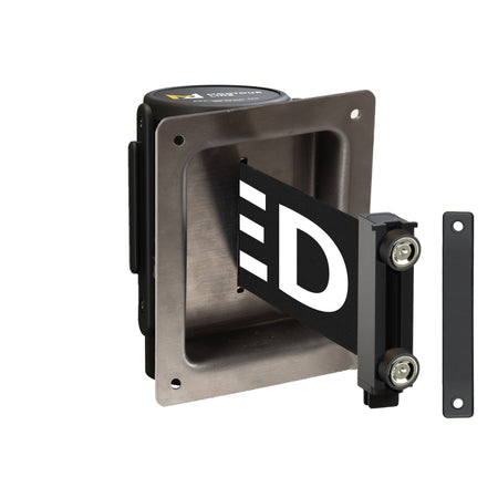 Wall Mounted Retractable Belt Barrier, Recessed Black Metal Case with Magnetic Belt End, 8.5 ft Belt - Montour Line WM115 - Crowd Control Warehouse