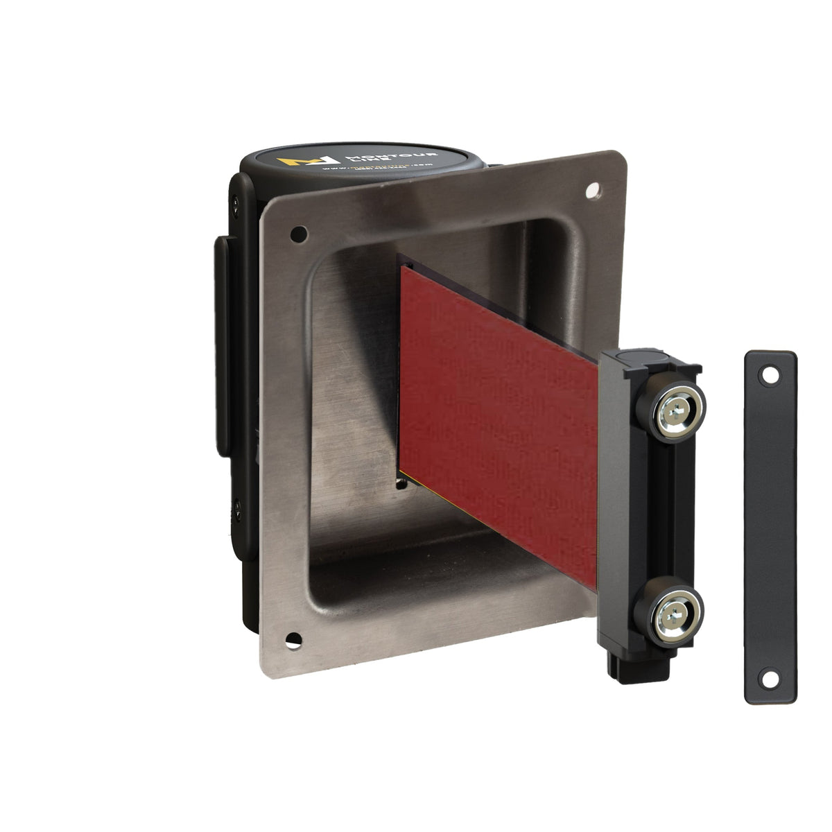 Wall Mounted Retractable Belt Barrier, Recessed Black Metal Case with Magnetic Belt End, 8.5 ft Belt - Montour Line WM115 - Crowd Control Warehouse