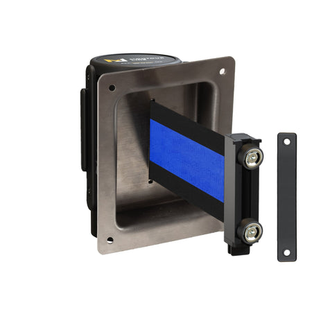 Wall Mounted Retractable Belt Barrier, Recessed Black Metal Case with Magnetic Belt End, 8.5 ft Belt - Montour Line WM115 - Crowd Control Warehouse