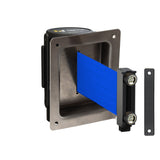 Wall Mounted Retractable Belt Barrier, Recessed Black Metal Case with Magnetic Belt End, 8.5 ft Belt - Montour Line WM115 - Crowd Control Warehouse