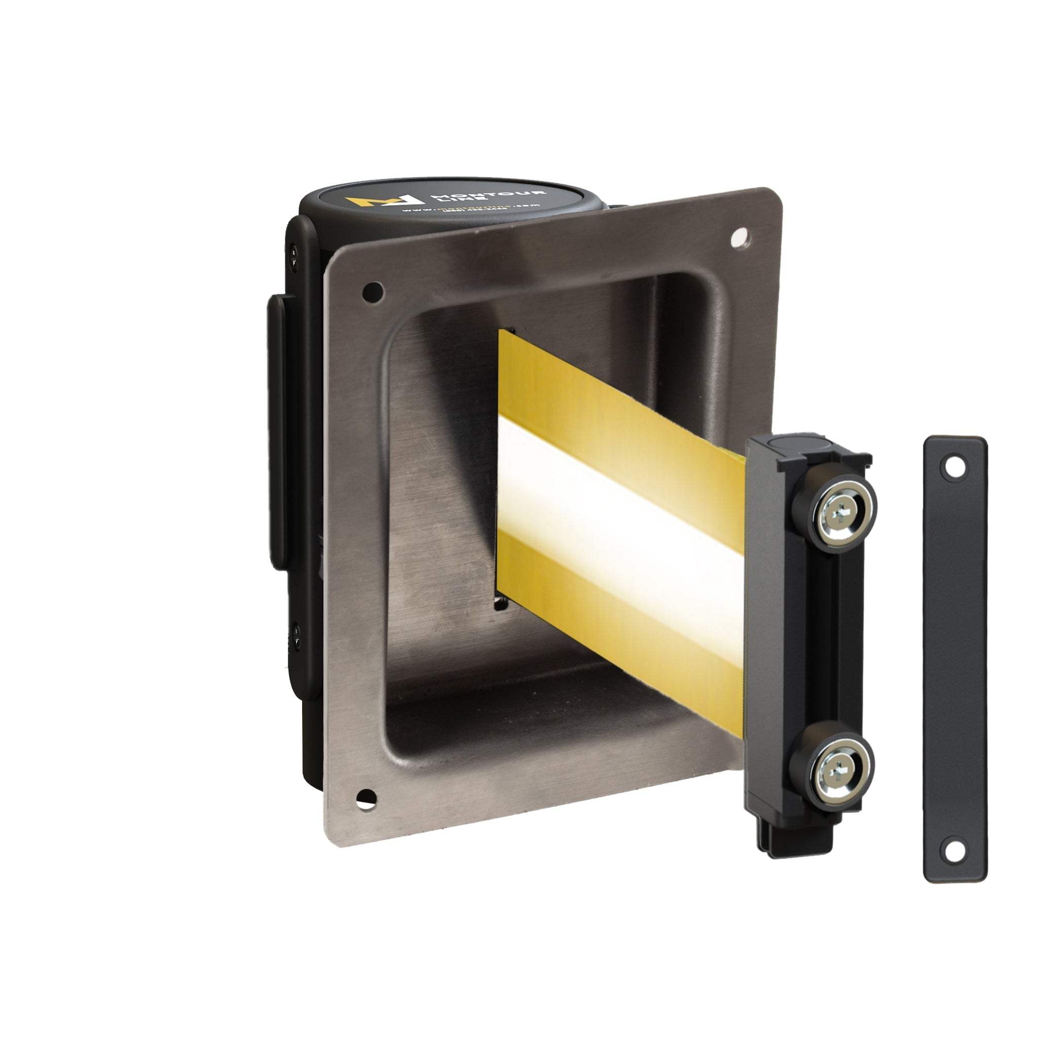 Wall Mounted Retractable Belt Barrier, Recessed Black Metal Case with Magnetic Belt End, 8.5 ft Belt - Montour Line WM115 - Crowd Control Warehouse