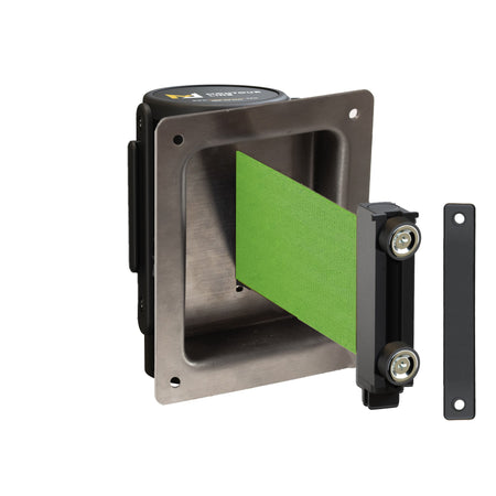 Wall Mounted Retractable Belt Barrier, Recessed Black Metal Case with Magnetic Belt End, 8.5 ft Belt - Montour Line WM115 - Crowd Control Warehouse