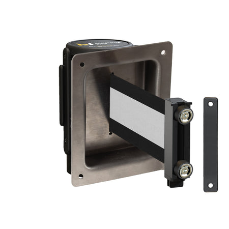 Wall Mounted Retractable Belt Barrier, Recessed Black Metal Case with Magnetic Belt End, 8.5 ft Belt - Montour Line WM115 - Crowd Control Warehouse