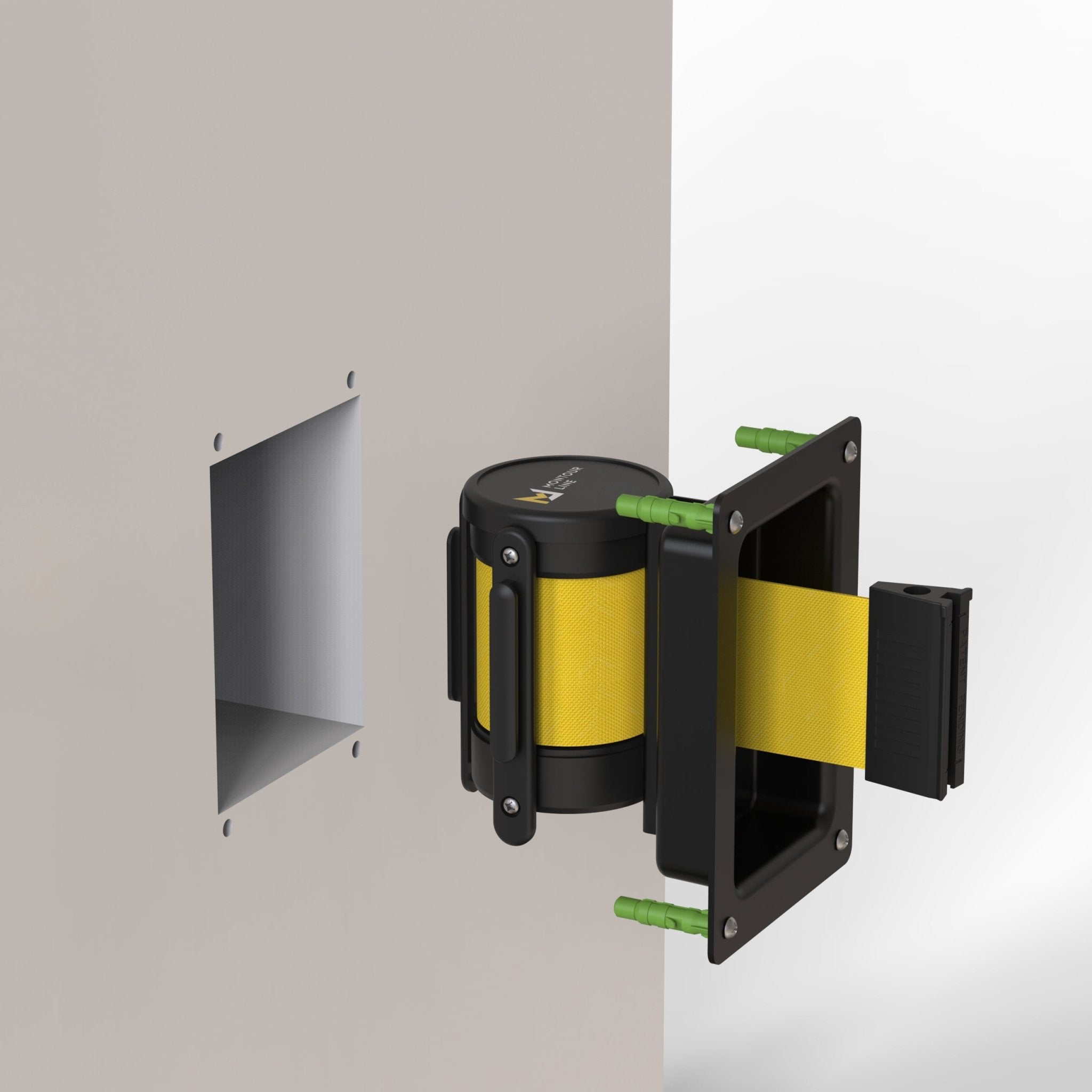 Wall Mounted Retractable Belt Barrier, Recessed Black Metal Case with Magnetic Belt End, 8.5 ft Belt - Montour Line WM115 - Crowd Control Warehouse