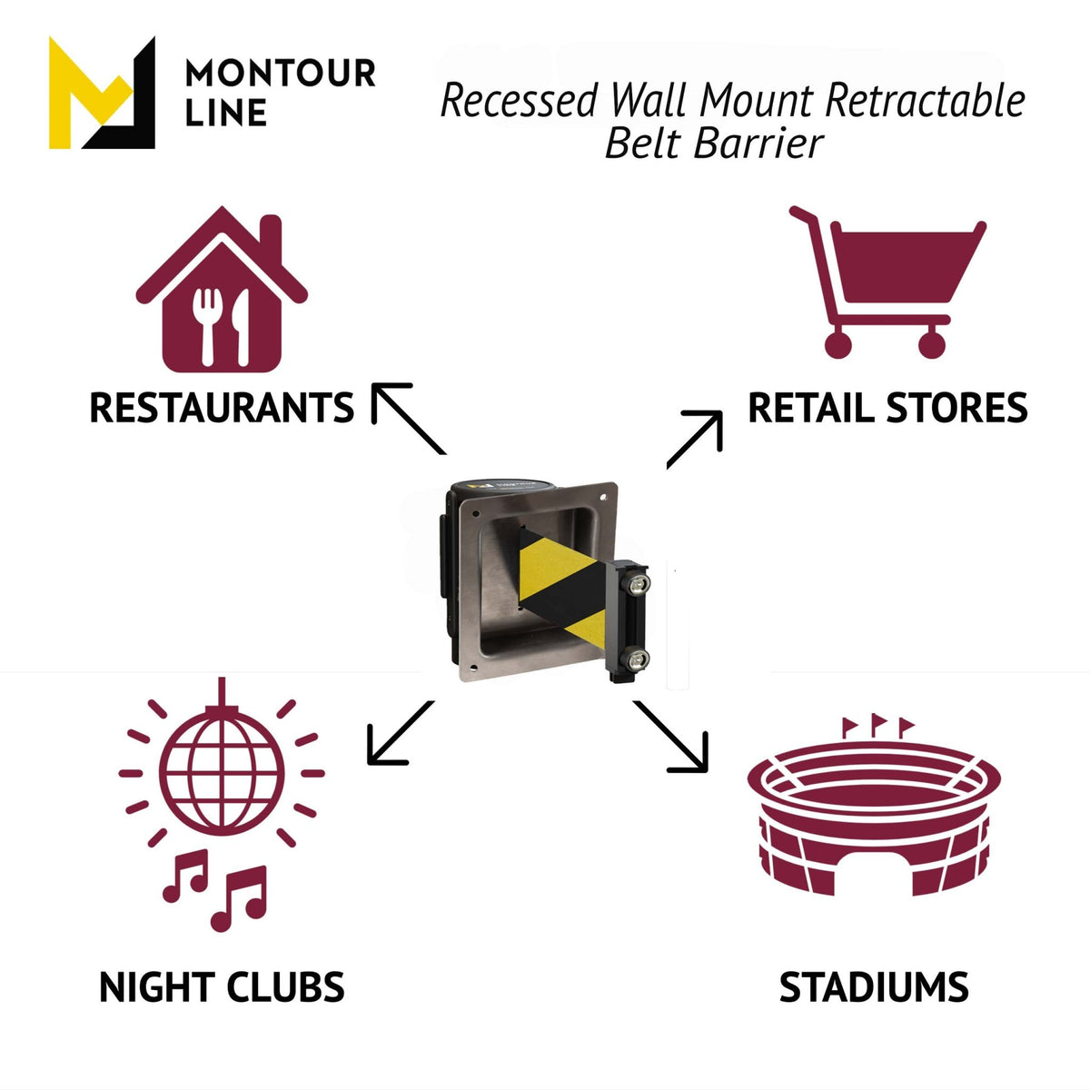 Wall Mounted Retractable Belt Barrier, Recessed Black Metal Case with Magnetic Belt End, 8.5 ft Belt - Montour Line WM115 - Crowd Control Warehouse