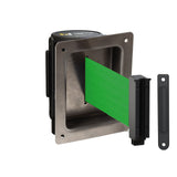 Wall Mounted Retractable Belt Barrier, Recessed Black Steel Metal Case with Standard Belt End, 11 ft Belt - Montour Line WM115 - Crowd Control Warehouse