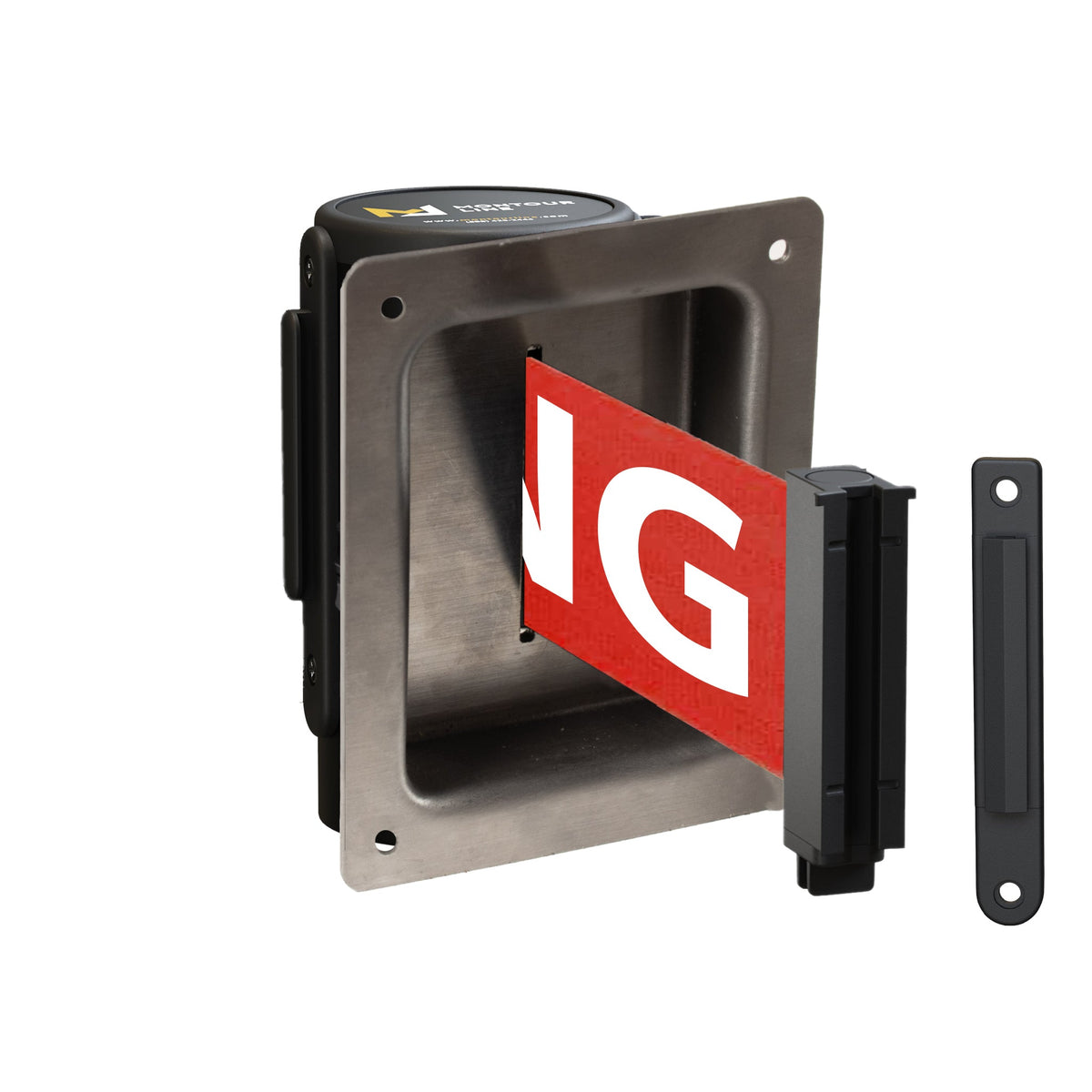 Wall Mounted Retractable Belt Barrier, Recessed Black Steel Metal Case with Standard Belt End, 11 ft Belt - Montour Line WM115 - Crowd Control Warehouse