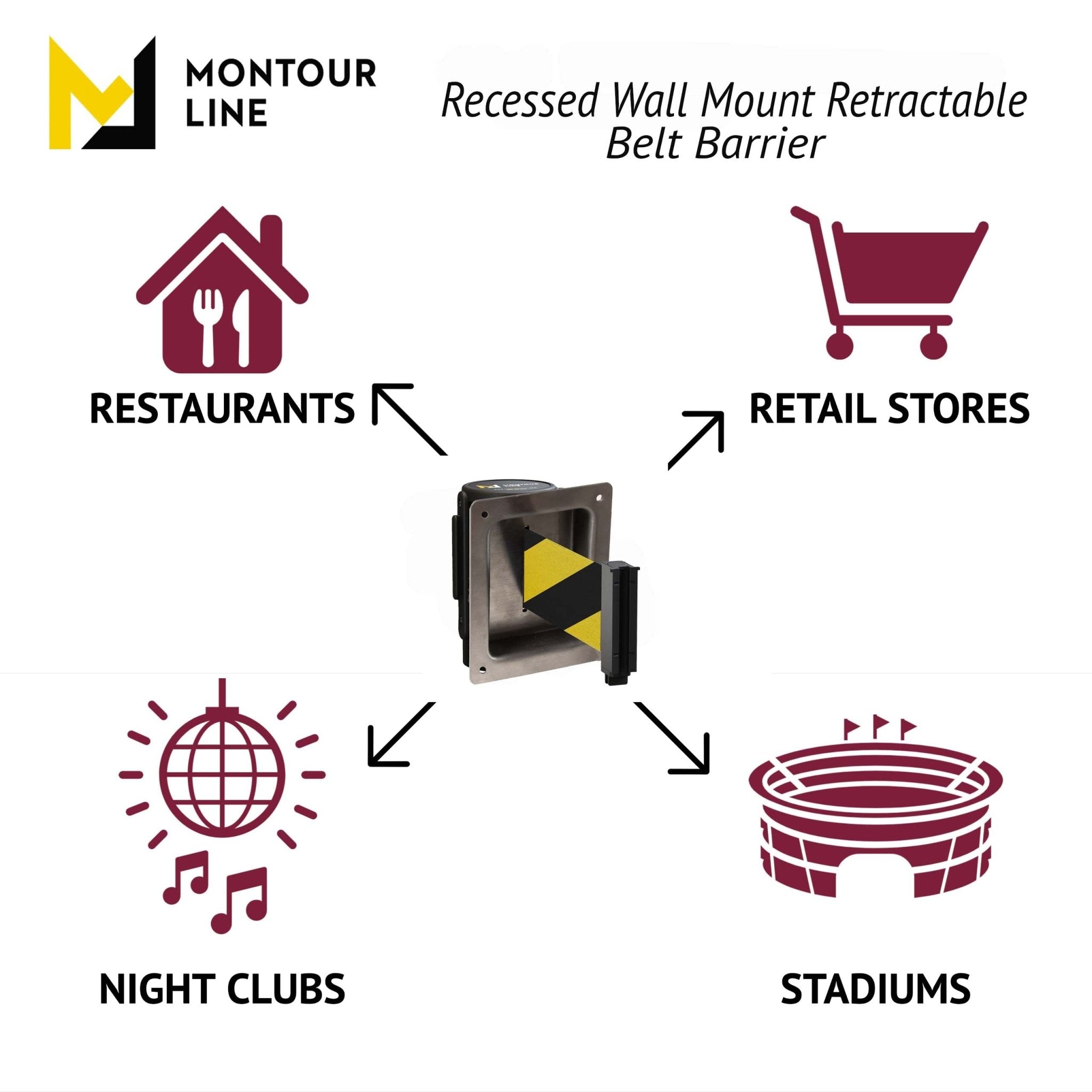 Wall Mounted Retractable Belt Barrier, Recessed Black Steel Metal Case with Standard Belt End, 11 ft Belt - Montour Line WM115 - Crowd Control Warehouse