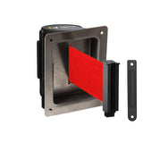 Wall Mounted Retractable Belt Barrier, Recessed Black Steel Metal Case with Standard Belt End, 11 ft Belt - Montour Line WM115 - Crowd Control Warehouse