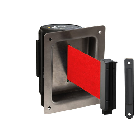 Wall Mounted Retractable Belt Barrier, Recessed Black Steel Metal Case with Standard Belt End, 11 ft Belt - Montour Line WM115 - Crowd Control Warehouse