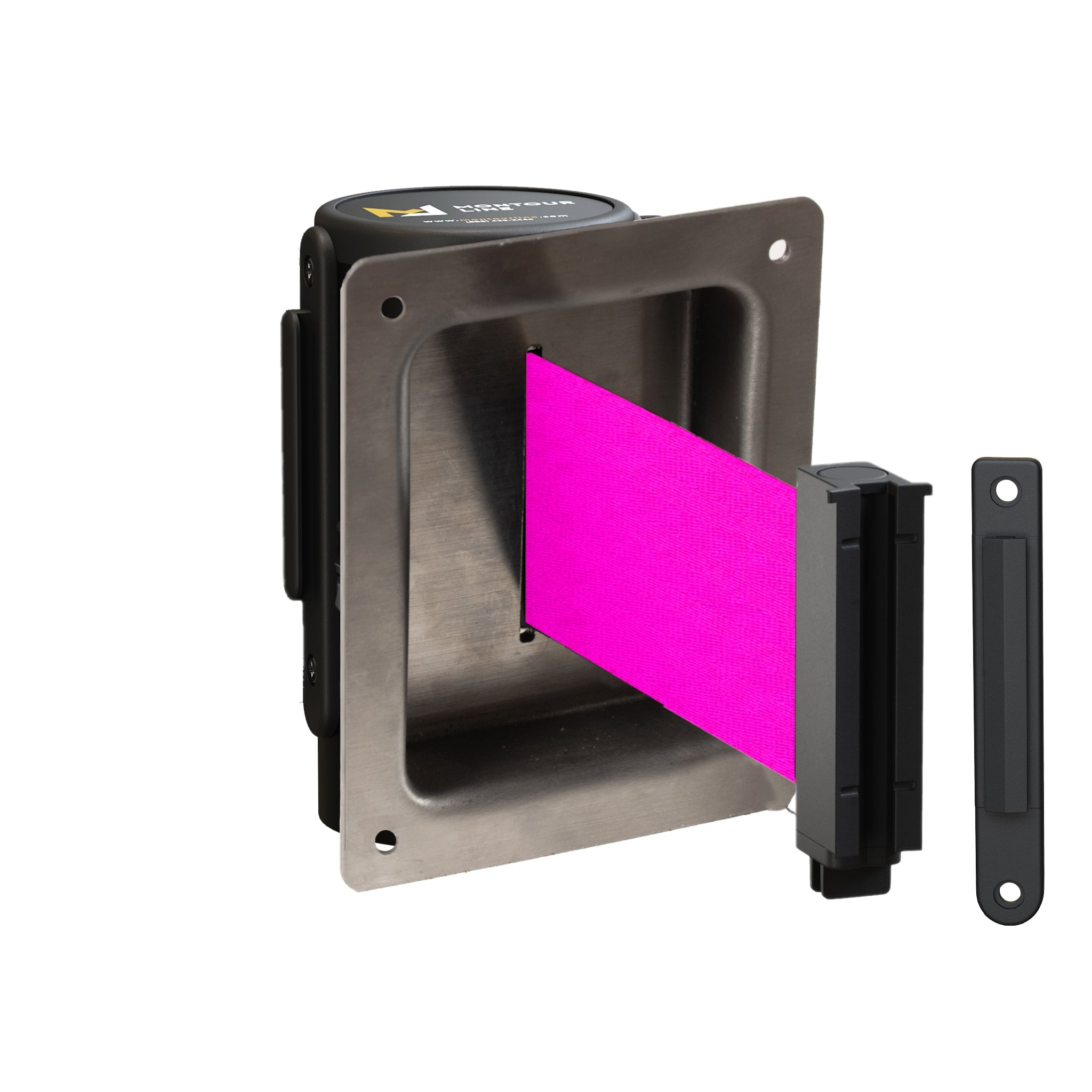 Wall Mounted Retractable Belt Barrier, Recessed Black Steel Metal Case with Standard Belt End, 11 ft Belt - Montour Line WM115 - Crowd Control Warehouse