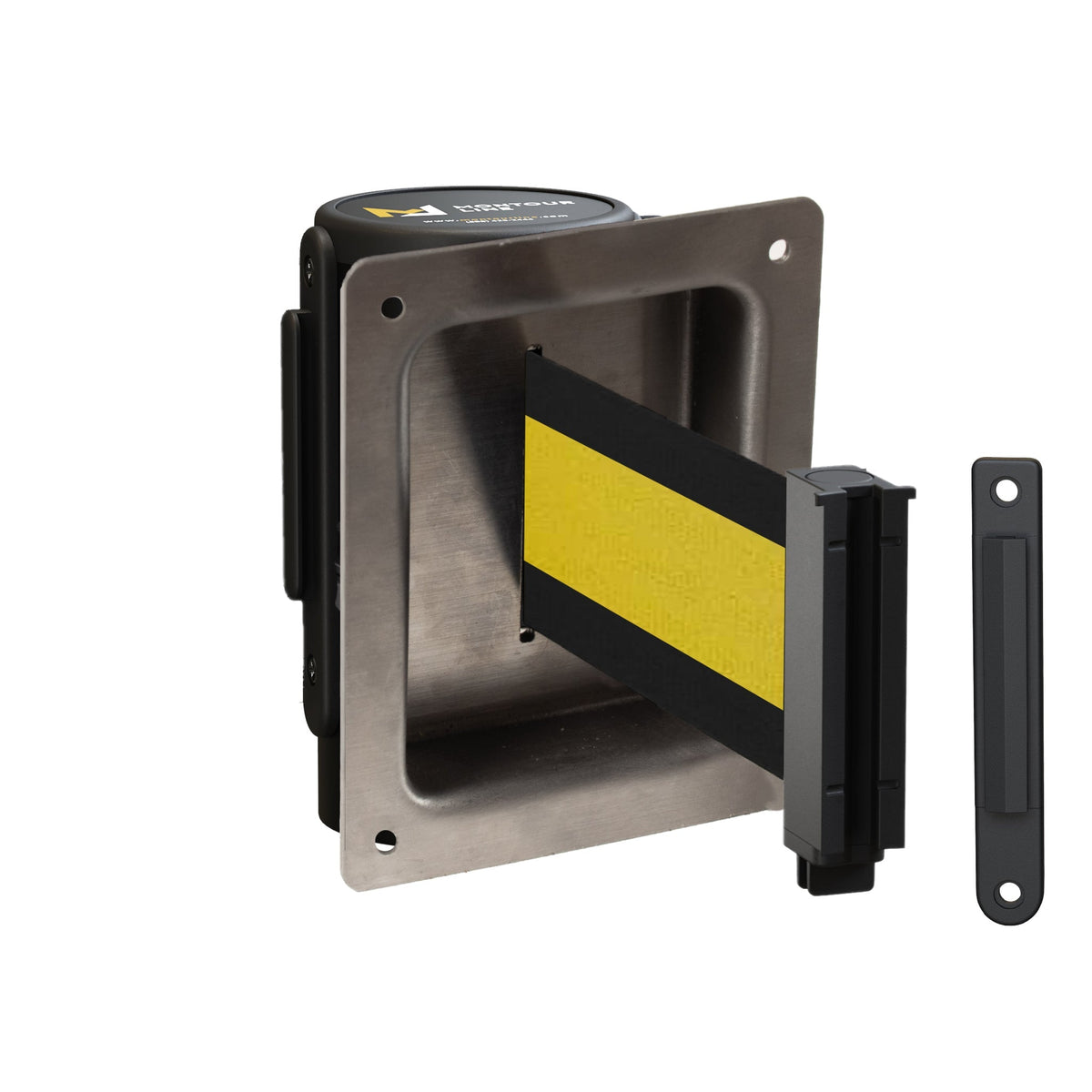 Wall Mounted Retractable Belt Barrier, Recessed Black Steel Metal Case with Standard Belt End, 11 ft Belt - Montour Line WM115 - Crowd Control Warehouse