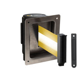 Wall Mounted Retractable Belt Barrier, Recessed Black Steel Metal Case with Standard Belt End, 11 ft Belt - Montour Line WM115 - Crowd Control Warehouse