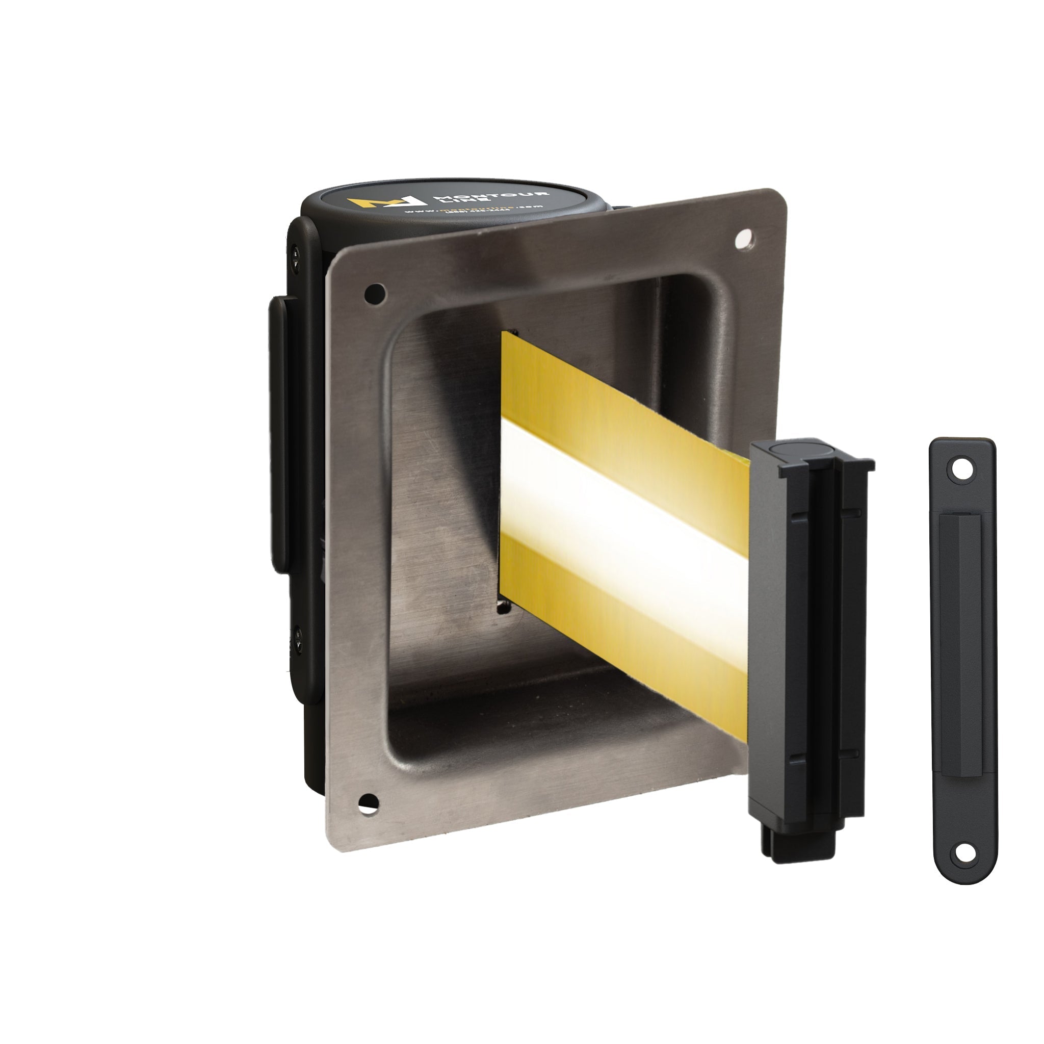 Wall Mounted Retractable Belt Barrier, Recessed Black Steel Metal Case with Standard Belt End, 11 ft Belt - Montour Line WM115 - Crowd Control Warehouse