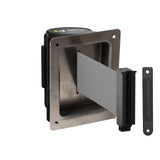 Wall Mounted Retractable Belt Barrier, Recessed Black Steel Metal Case with Standard Belt End, 11 ft Belt - Montour Line WM115 - Crowd Control Warehouse