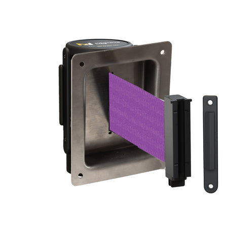 Wall Mounted Retractable Belt Barrier, Recessed Black Steel Metal Case with Standard Belt End, 11 ft Belt - Montour Line WM115 - Crowd Control Warehouse