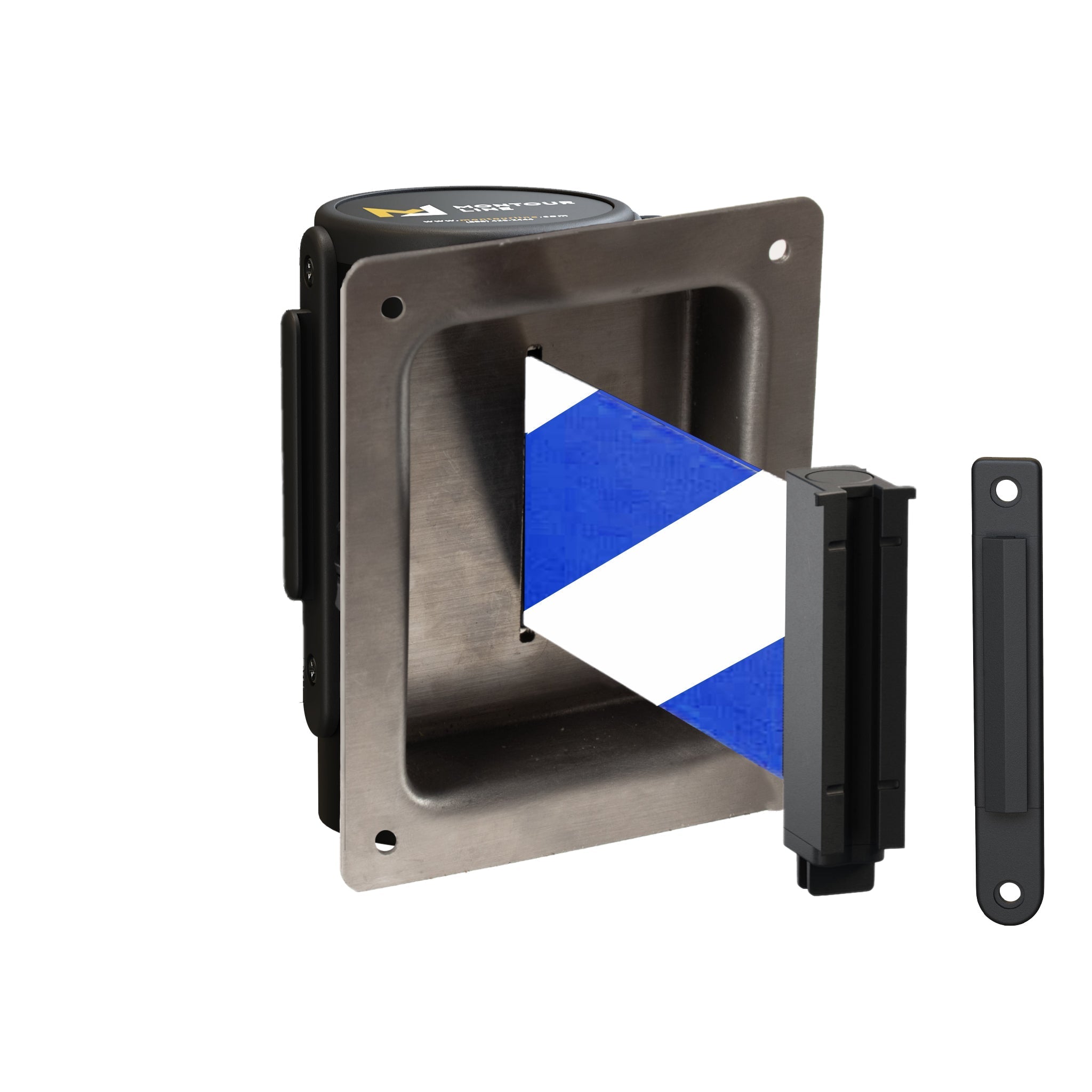 Wall Mounted Retractable Belt Barrier, Recessed Black Steel Metal Case with Standard Belt End, 11 ft Belt - Montour Line WM115 - Crowd Control Warehouse