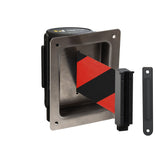 Wall Mounted Retractable Belt Barrier, Recessed Black Steel Metal Case with Standard Belt End, 11 ft Belt - Montour Line WM115 - Crowd Control Warehouse