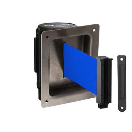 Wall Mounted Retractable Belt Barrier, Recessed Black Steel Metal Case with Standard Belt End, 11 ft Belt - Montour Line WM115 - Crowd Control Warehouse