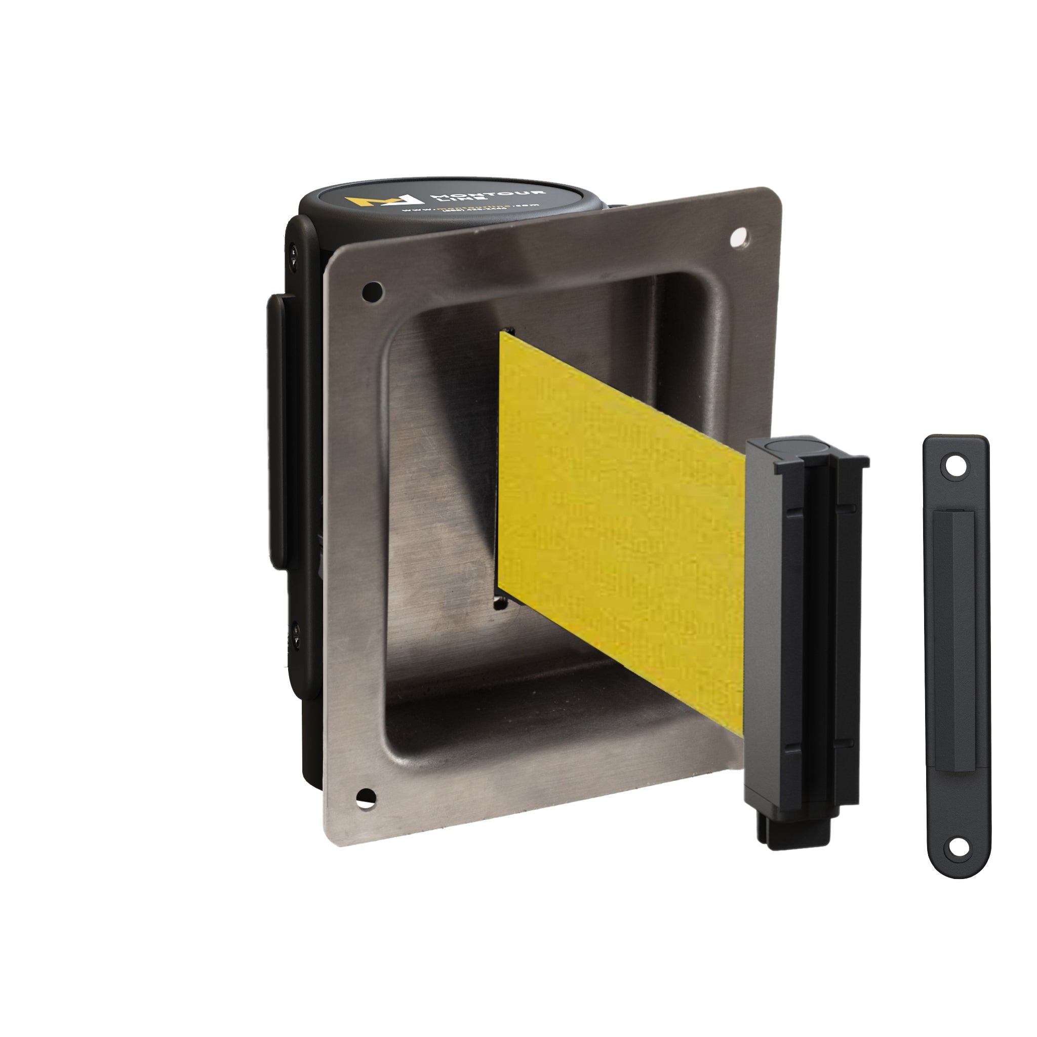 Wall Mounted Retractable Belt Barrier, Recessed Black Steel Metal Case with Standard Belt End, 11 ft Belt - Montour Line WM115 - Crowd Control Warehouse