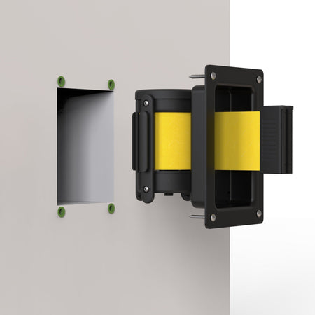 Wall Mounted Retractable Belt Barrier, Recessed Black Steel Metal Case with Standard Belt End, 11 ft Belt - Montour Line WM115 - Crowd Control Warehouse