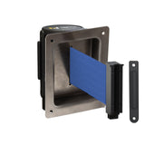 Wall Mounted Retractable Belt Barrier, Recessed Black Steel Metal Case with Standard Belt End, 11 ft Belt - Montour Line WM115 - Crowd Control Warehouse