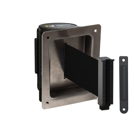 Wall Mounted Retractable Belt Barrier, Recessed Black Steel Metal Case with Standard Belt End, 11 ft Belt - Montour Line WM115 - Crowd Control Warehouse