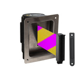 Wall Mounted Retractable Belt Barrier, Recessed Black Steel Metal Case with Standard Belt End, 11 ft Belt - Montour Line WM115 - Crowd Control Warehouse