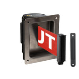 Wall Mounted Retractable Belt Barrier, Recessed Black Steel Metal Case with Standard Belt End, 13 ft Belt - Montour Line WM115 - Crowd Control Warehouse