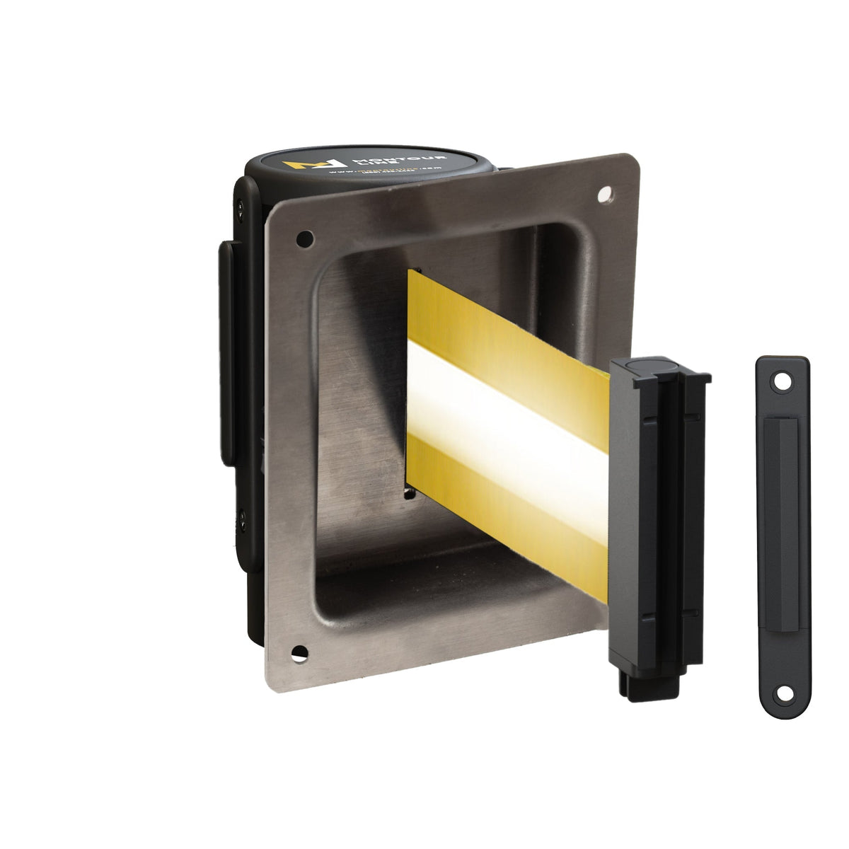 Wall Mounted Retractable Belt Barrier, Recessed Black Steel Metal Case with Standard Belt End, 13 ft Belt - Montour Line WM115 - Crowd Control Warehouse