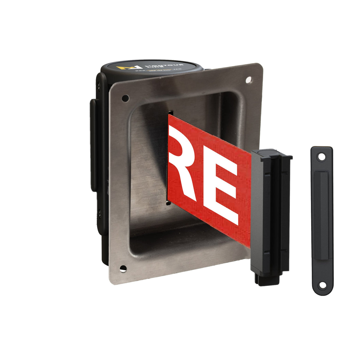 Wall Mounted Retractable Belt Barrier, Recessed Black Steel Metal Case with Standard Belt End, 13 ft Belt - Montour Line WM115 - Crowd Control Warehouse