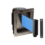 Wall Mounted Retractable Belt Barrier, Recessed Black Steel Metal Case with Standard Belt End, 13 ft Belt - Montour Line WM115 - Crowd Control Warehouse