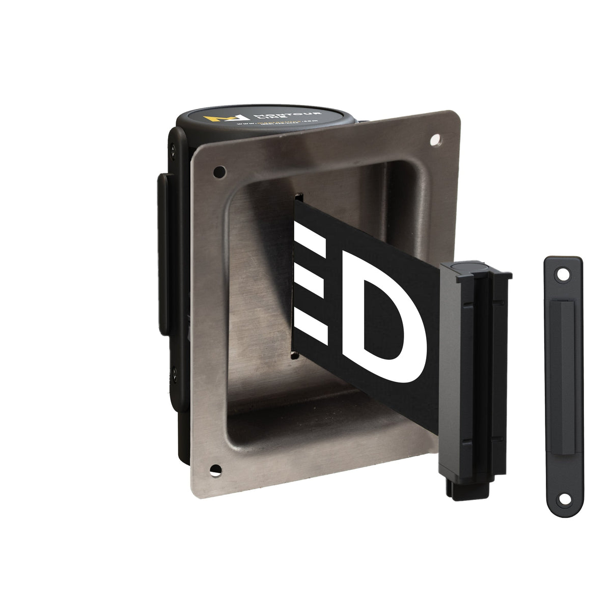 Wall Mounted Retractable Belt Barrier, Recessed Black Steel Metal Case with Standard Belt End, 13 ft Belt - Montour Line WM115 - Crowd Control Warehouse