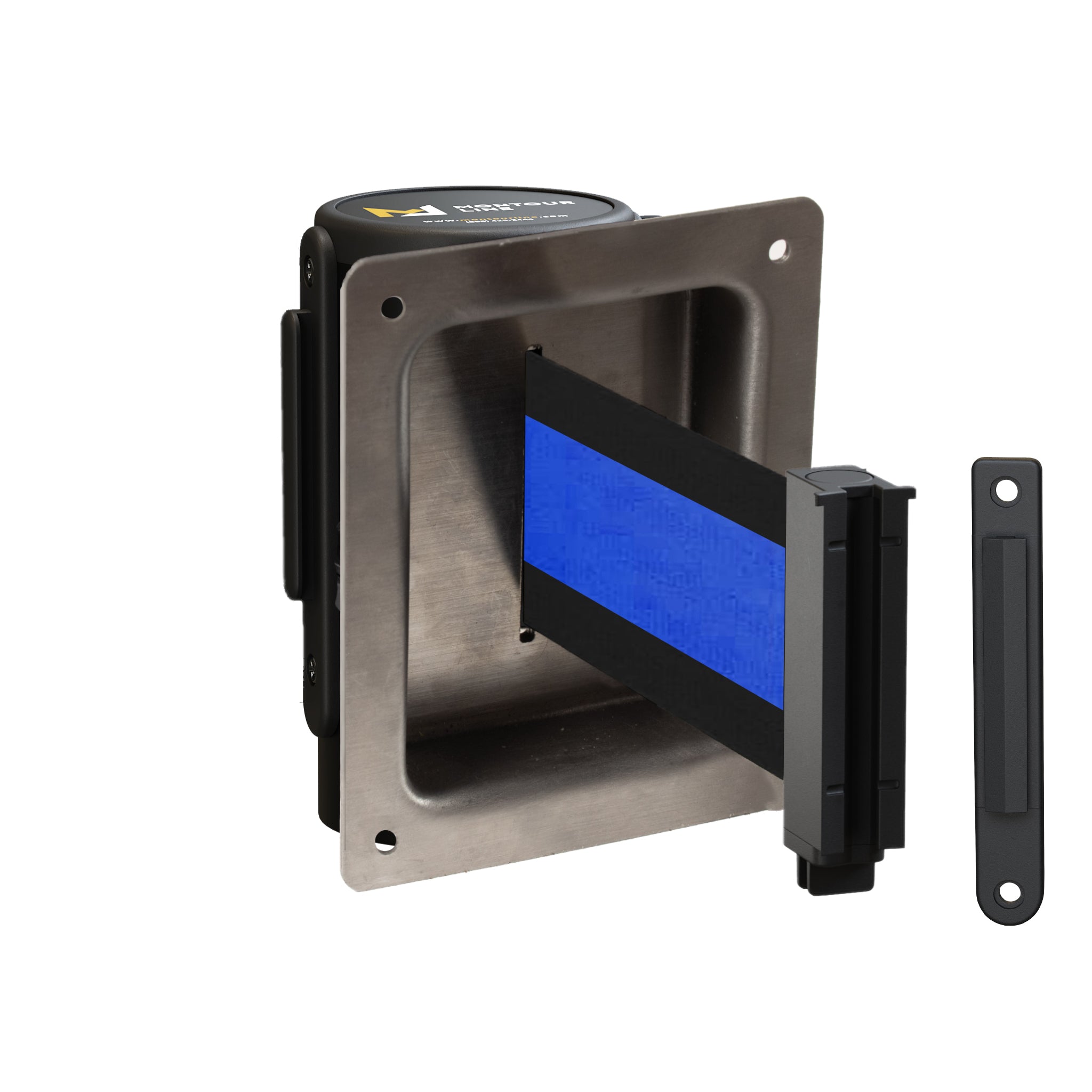 Wall Mounted Retractable Belt Barrier, Recessed Black Steel Metal Case with Standard Belt End, 13 ft Belt - Montour Line WM115 - Crowd Control Warehouse
