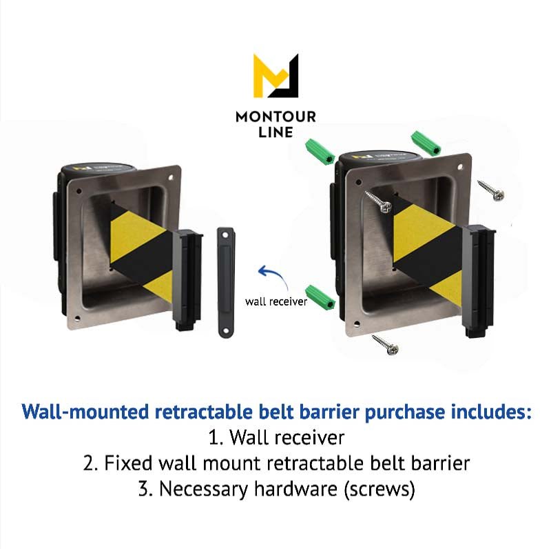 Wall Mounted Retractable Belt Barrier, Recessed Black Steel Metal Case with Standard Belt End, 13 ft Belt - Montour Line WM115 - Crowd Control Warehouse