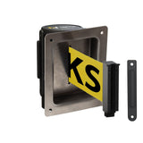 Wall Mounted Retractable Belt Barrier, Recessed Black Steel Metal Case with Standard Belt End, 13 ft Belt - Montour Line WM115 - Crowd Control Warehouse