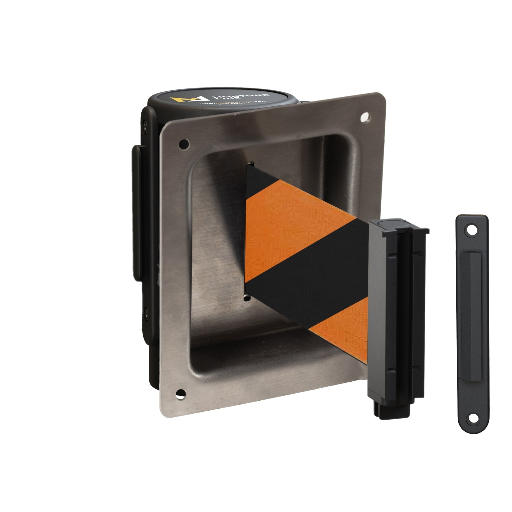 Wall Mounted Retractable Belt Barrier, Recessed Black Steel Metal Case with Standard Belt End, 13 ft Belt - Montour Line WM115 - Crowd Control Warehouse