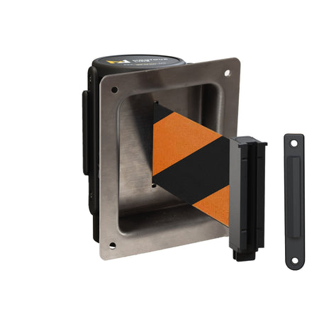 Wall Mounted Retractable Belt Barrier, Recessed Black Steel Metal Case with Standard Belt End, 13 ft Belt - Montour Line WM115 - Crowd Control Warehouse