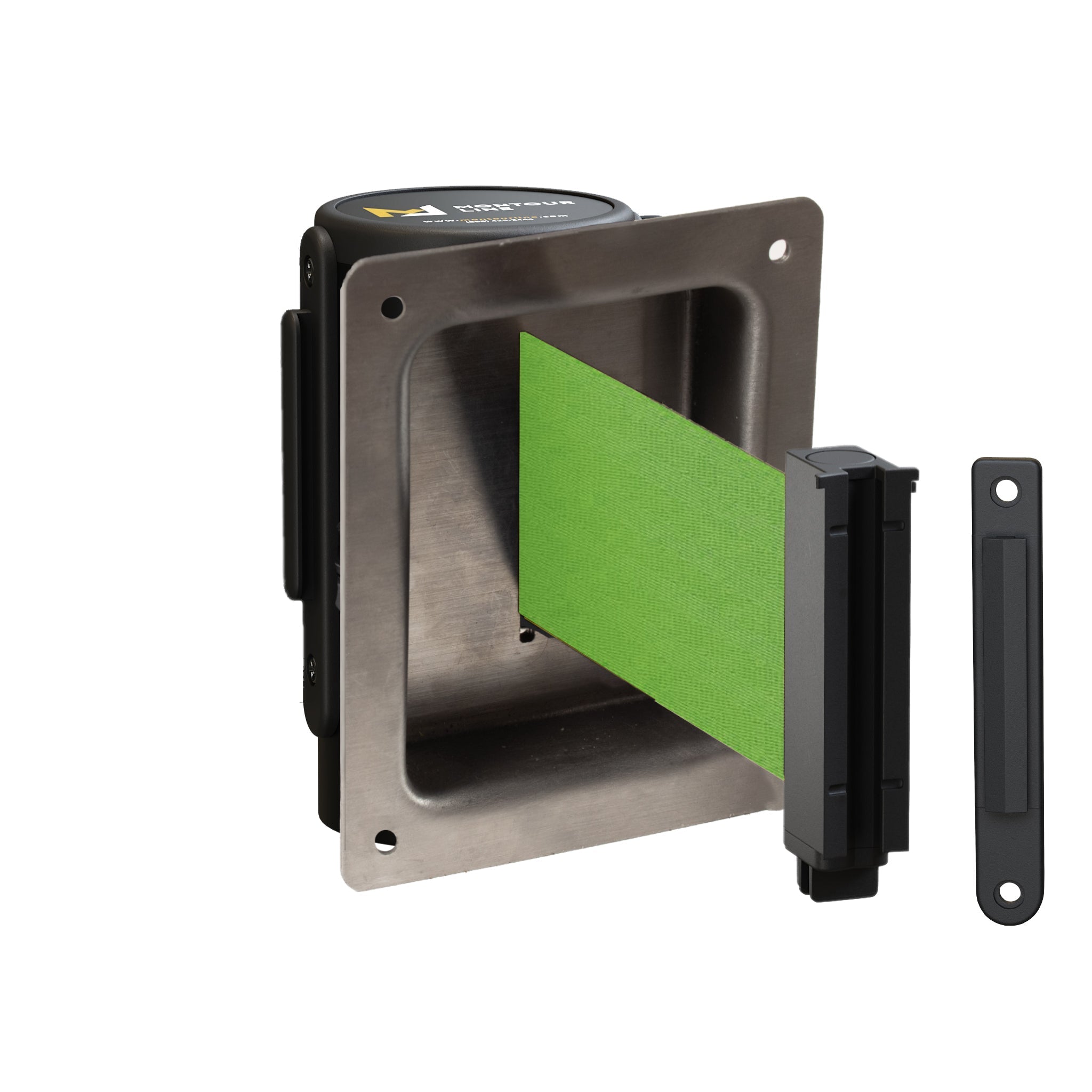 Wall Mounted Retractable Belt Barrier, Recessed Black Steel Metal Case with Standard Belt End, 13 ft Belt - Montour Line WM115 - Crowd Control Warehouse