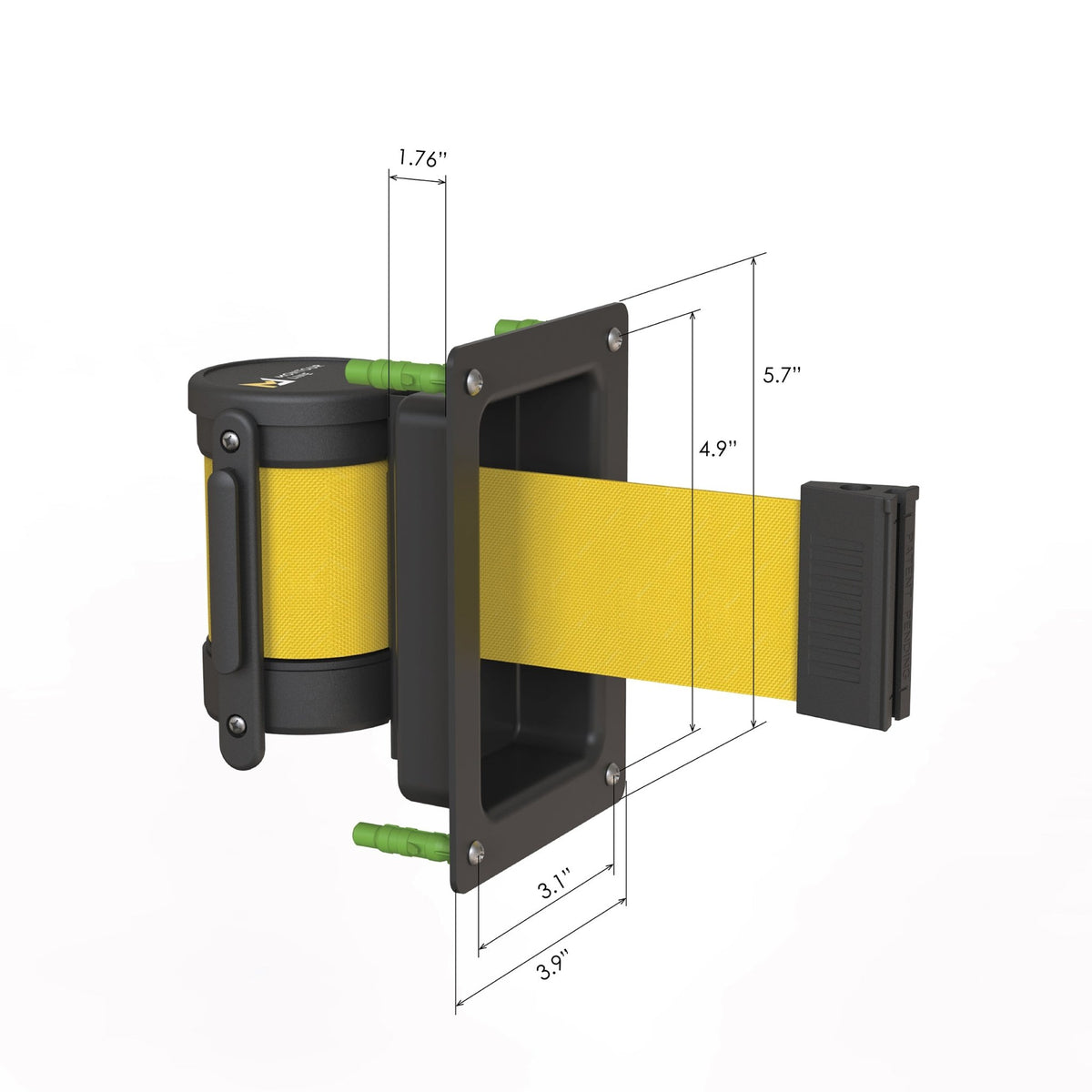 Wall Mounted Retractable Belt Barrier, Recessed Black Steel Metal Case with Standard Belt End, 13 ft Belt - Montour Line WM115 - Crowd Control Warehouse