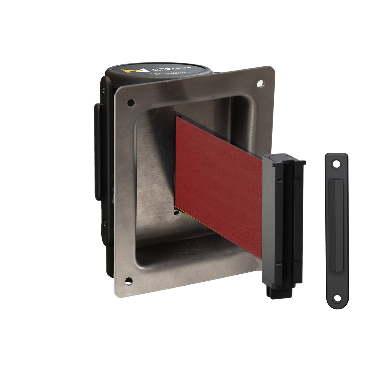 Wall Mounted Retractable Belt Barrier, Recessed Black Steel Metal Case with Standard Belt End, 13 ft Belt - Montour Line WM115 - Crowd Control Warehouse