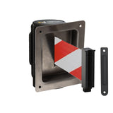 Wall Mounted Retractable Belt Barrier, Recessed Black Steel Metal Case with Standard Belt End, 13 ft Belt - Montour Line WM115 - Crowd Control Warehouse