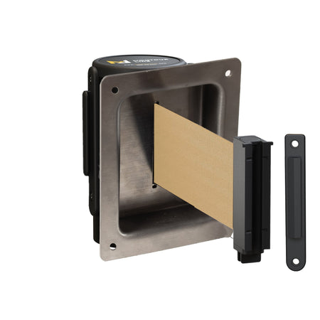 Wall Mounted Retractable Belt Barrier, Recessed Black Steel Metal Case with Standard Belt End, 13 ft Belt - Montour Line WM115 - Crowd Control Warehouse