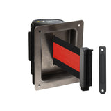 Wall Mounted Retractable Belt Barrier, Recessed Black Steel Metal Case with Standard Belt End, 13 ft Belt - Montour Line WM115 - Crowd Control Warehouse