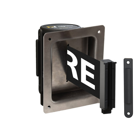 Wall Mounted Retractable Belt Barrier, Recessed Black Steel Metal Case with Standard Belt End, 13 ft Belt - Montour Line WM115 - Crowd Control Warehouse