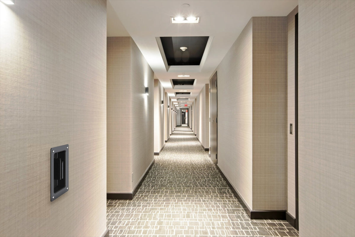 Wall Mounted Retractable Belt Barrier, Recessed Black Steel Metal Case with Standard Belt End, 13 ft Belt - Montour Line WM115 - Crowd Control Warehouse