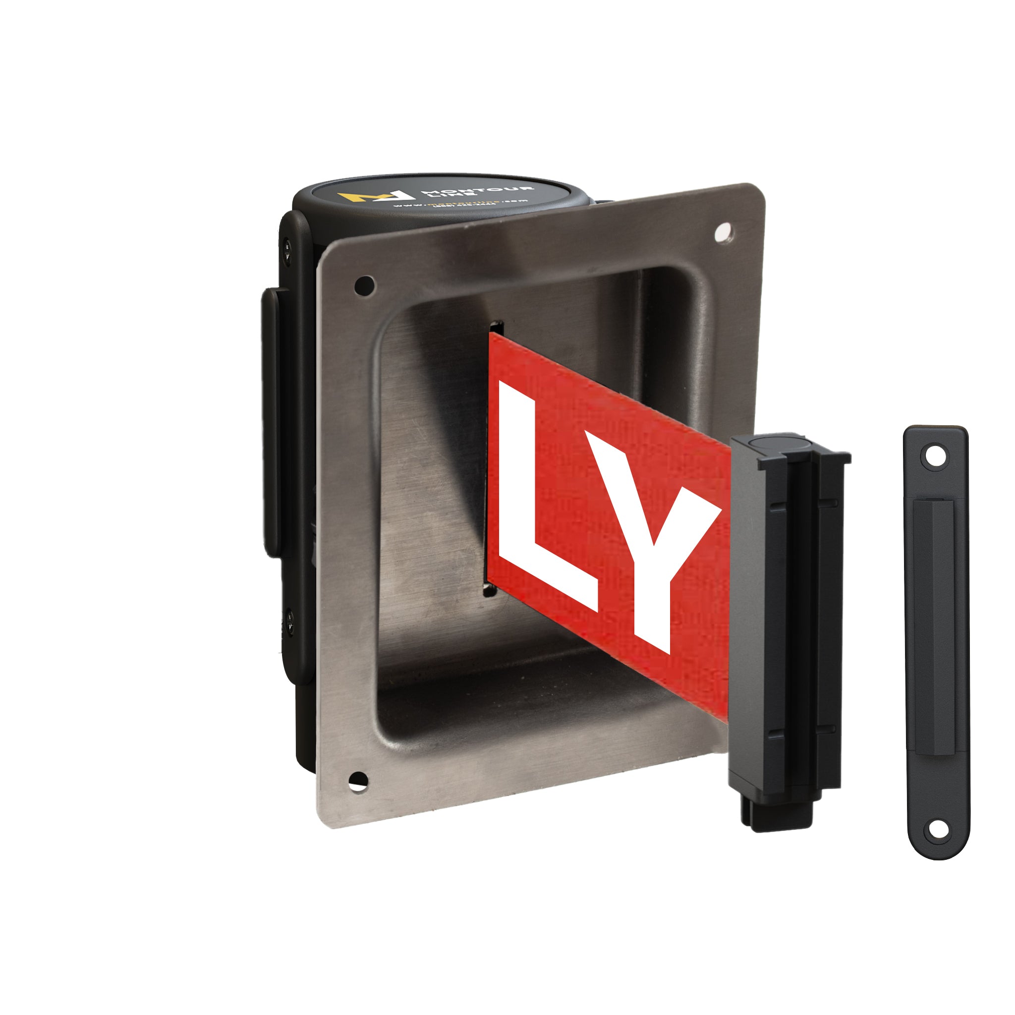 Wall Mounted Retractable Belt Barrier, Recessed Black Steel Metal Case with Standard Belt End, 8.5 ft Belt - Montour Line WM115 - Crowd Control Warehouse